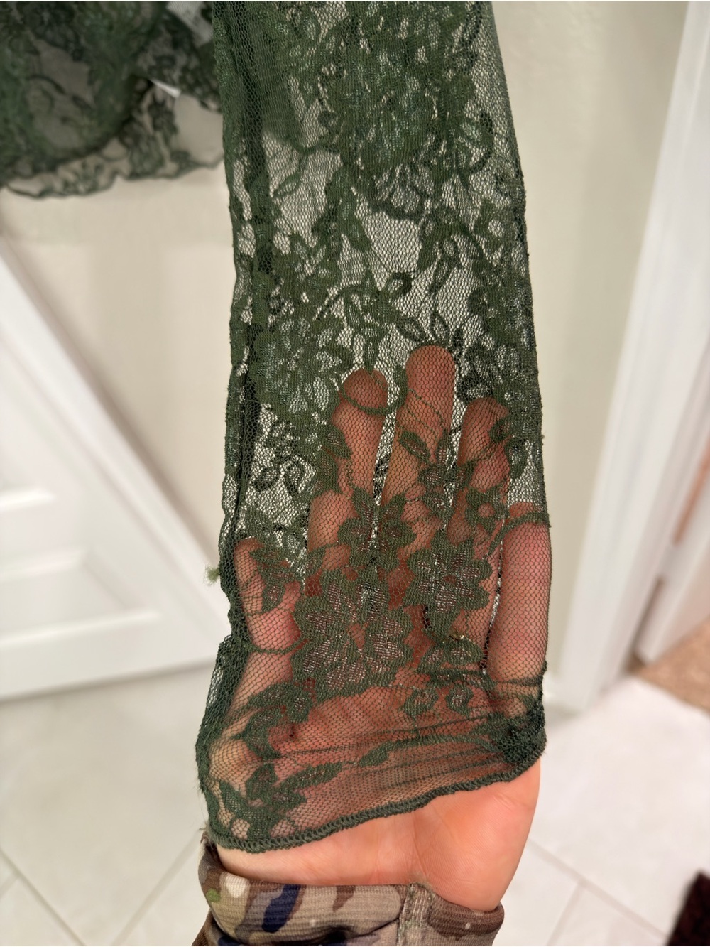 Versona Olive Green Sheer Lace Long-Sleeve Top - Picture 2 of 3